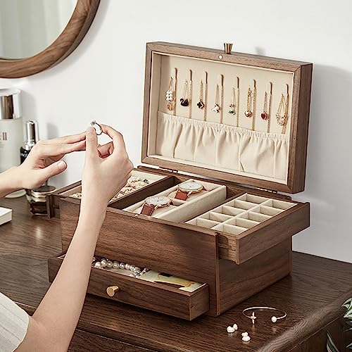 CHOSIN Black Walnut Wooden Jewelry Box for Women, 3 Level Multi-functional Drawer Organizer Box Watch Necklace Ring Earring Storage Mothers Day Gifts for Mom - style: No Mirror