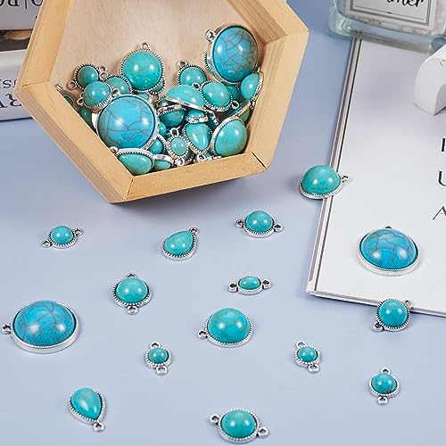 Pandahall 70Pcs Tibetan Style Teardrop Turquoise Connector Charms - Round Bohemian Earring Retro Antique Silver Western Link for DIY Boho Necklace Jewelry Making
