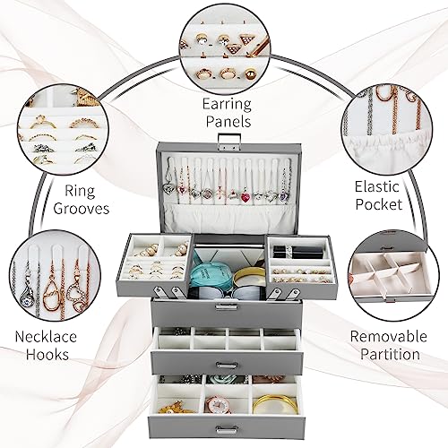 Dajasan Jewelry Organizer Box, Large Jewelry Boxes for Women Girls, Space-Saving 4 Layers Jewelry Storage Case with Drawer, Movable Metal Stand, Modern, Gift Idea (Grey) - color: Grey + Silver