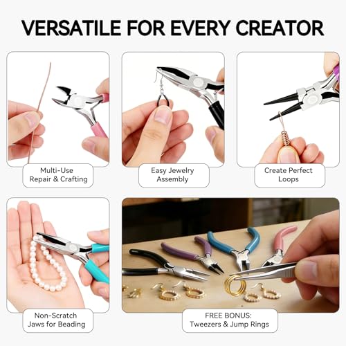 4Pcs Jewelry Making Pliers Set, Including Needle Nose Pliers, Round Nose Plier and Wire Cutters, Versatile Jewelry Tools for Repair, Wire Wrapping, Beading and Various Crafts