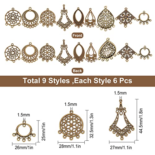 SUNNYCLUE 1 Box 54Pcs 9 Style Tibetan Earring Chandelier Connector Charms Findings Loops Jewelry Making Kit for Earring Drop and Charm Pendant, Antique Bronze - color: 54pcs 9 Style Antique Bronze