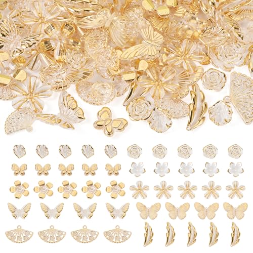 100G Mixed Shapes Acrylic Beads Golden Metal Enlaced Assorted Cute Beads for Bracelet Making Flower Bow Butterfly Aesthetic Bracelet Charms for Jewelry Making DIY Necklace Gold - color: Gold