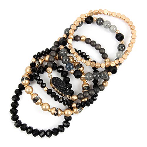 RIAH FASHION Bohemian Acrylic Druzy Multi-Layer Bead Statement Bracelet - Versatile Faux Stone Pendant Stretch Strand Stackable Cuff Bangle Set Sparkly Crystal - color: Bohemian Oval Druzy Set - Black