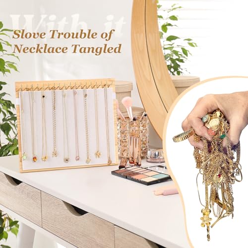 Necklace Dispaly Stand with 18 Hooks, Wooden Velvet Necklace Organizer Holder for Dispaly Necklaces Bracelet, Jewelry Stand Display with Elastic band for Selling Vendors Home,Beige