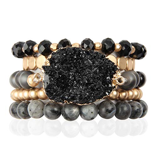 RIAH FASHION Bohemian Acrylic Druzy Multi-Layer Bead Statement Bracelet - Versatile Faux Stone Pendant Stretch Strand Stackable Cuff Bangle Set Sparkly Crystal - color: Acrylic Druzy & Natural Stone Bead Black Labradorite