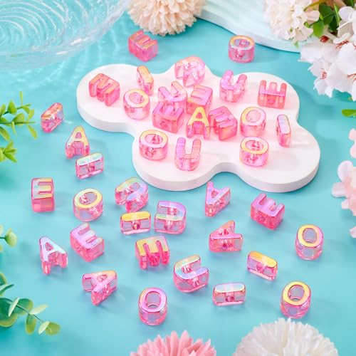FASHEWELRY 50Pcs Vowel Letter Acrylic Beads Large Hole Alphabet A E I O U 3D Letters Iridescent Chunky Initial Big Plastic Letter Beads for Keychains Necklace DIY Arts Craft Projects Deep Pink - color: Iridescent Deep Pink, size: Vowels