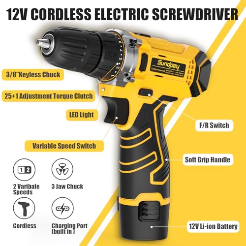 Sundpey Home Tool Kit with Drill - 166-Piece General Basic Home Repair Tool Set with 12V Cordless Power Drill & Battery & Charger & Portable Tool Box for Garden Office House Apartment Repair Men Women