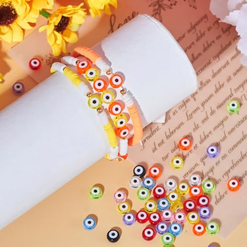 Beadthoven 180pcs Evil Eye Acrylic Disc Beads 7x4mm Flat Round - Transparent Mix Plastic Pony Beads & Spacers for Jewelry Making DIY Crafts - color: Evil eye Multicolor