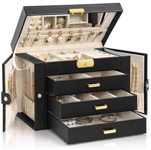 AKOZLIN Large 4-Tier Jewelry Box Leather Jewelry Storage Organizer with 3 Drawers Lockable for Women Girls Ring Necklace Earring Bracelet Watches Holder with Mirror Black - color: Black-gold, size: Large-4 Layer