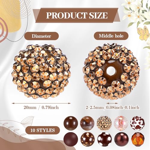 Ferreve 20 Pcs Chunky Bubblegum Beads 20mm Focal Pen Large Rhinestone Pearl Beads for DIY Beadable Pen School Jewelry Making Keychain Craft Making(Brown) - color: Brown