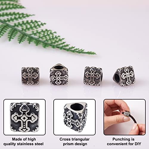 Cheriswelry 10pcs Triangular Prism 304 Stainless Steel European Large Hole Beads with Cross Antique Silver Metal Loose Spacer Beads 11x11mm for DIY Earring Bracelet Necklace Jewelry Making - color: Triangular