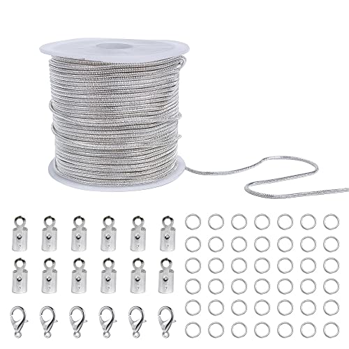 CREATZONE 32.8 Feet 1.2mm Silver Snake Chain Necklace Link Cable Chain Round Snake Brass Chain with 20pcs Lobster Clasps, 50pcs Jump Rings, 40pcs Cord Ends for DIY Bracelet Jewelry Making - color: Silver
