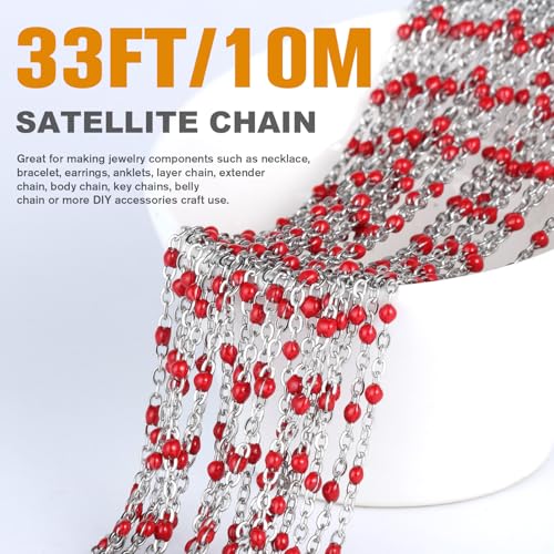 33 Feet Stainless Steel Enamel Chains Bulk, 2mm 304 Stainless Steel Red Enamel Beaded Cable Link Chain Roll Spool for Jewelry Making - color: Stainless Steel Red Beads