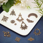 SUNNYCLUE 1 Box 72Pcs 12 Styles Filigree Connector Charms Flower Alloy Hollow Links Teardrop Square Oval Moon Shape Filigree Metal Embellishments for Crafts Supplies, Antique Bronze - color: 72pcs 12 Styles