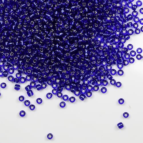 Transparent Dark Blue with Silver Lined Beads Size 6/0 Crafts Glass Seed Beads 4mm for Jewelry Making (Total About 100g About 1200pcs) - color: Transparent Dark Blue with Silver Lined, size: 4mm