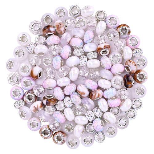 120pcs European Large Hole Beads, Assortments Charm Lampwork Murano Spacer Craft Beads for DIY Charms Bracelet Necklace Earring Jewelry Making Supplies(White) - color: White