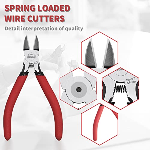 Wire Cutters 5 Pack, 5 Inch Wire Cutters Set, HOUSERAN Side Cutters Flush Cut Pliers, Spring Loaded Cutting Pliers with Non-slip Red Handle, Dikes Wire Cutters Snips for Model Kits, Crafting, Zip Ties - color: 5 Pack Wire Cutters