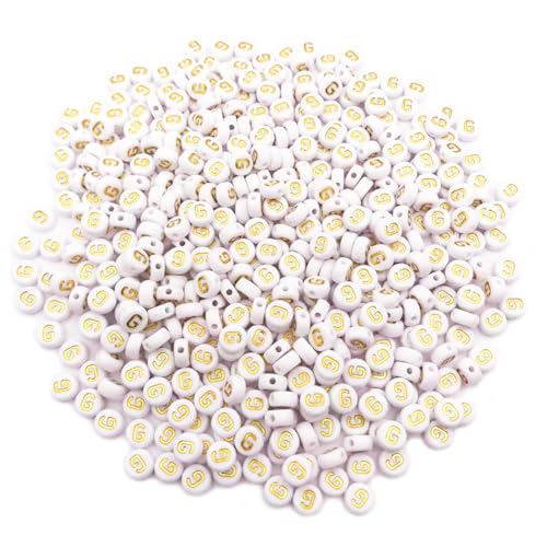 500PCS 4x7mm Acrylic Letter Beads G for Friendship Bracelets Jewelry Making, White Round Flat Acrylic with Golden Alphabet Beads for DIY Crafts Bracelets Necklaces Key Chains Phone Lanyard - color: G(Golden on White)