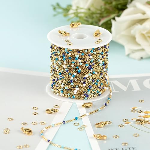UMAOKANG 33 Feet/10M Blue Mixed Color Bead Chains for Jewelry Making Gold Plated Stainless Steel Soldered Cable Thin Chain on Spool Bracelet DIY Jewelry Findings - color: Blue Mixed Bead-Gold