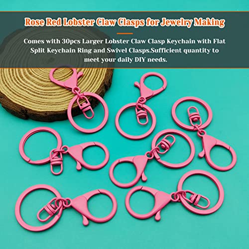 30Pcs Lobster Claw Clasps Keychain for Jewelry Making,Metal Lobster Clasp Swivel Trigger Clips with Swivel Clasps Hook Clips Flat Split Keychain Ring for DIY Craft Jewelry Making(Rose Red) - color: Rose Red