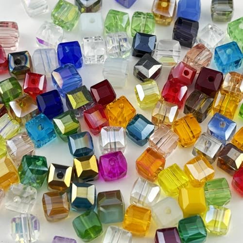 100pcs 6mm Cube Crystal Glass Beads for Jewelry Making Faceted Square Crystal Glass Bead Spacer Beads Loose Beads for Bracelet Earring Necklace DIY Craft(Mix Colors) - color: Mix Colors, size: 6mm