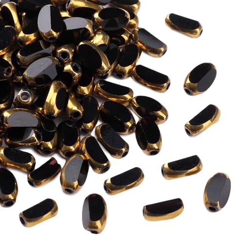 Glass Rice Beads Black 4x6mm 50pcs Faceted Oval Golden Edge Crystal Loose Beads for DIY Craft Jewelry Making - color: Black