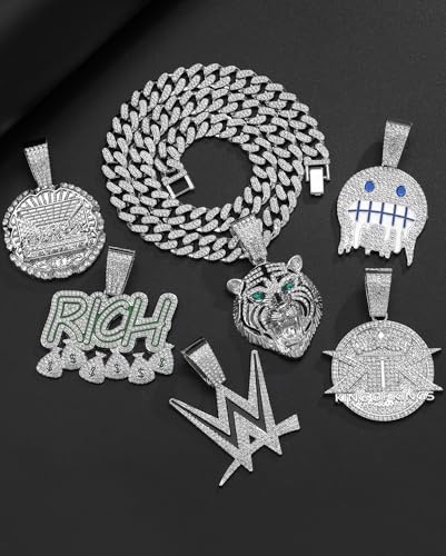 Lced Out Diamond Cuban Chain for Men | Hip Hop Miami Link Necklace Silver & Gold Plated Options with Pendant, 7-Pack Gift Set - color: Silver, size: 24 inches
