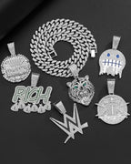 Lced Out Diamond Cuban Chain for Men | Hip Hop Miami Link Necklace Silver & Gold Plated Options with Pendant, 7-Pack Gift Set - color: Silver, size: 24 inches