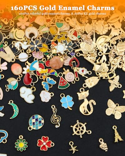 JIALEEY 160Pcs Charms for Jewelry Making, Wholesale Bulk Lots Assorted Gold-Plated Enamel Charms for Necklace Bracelet Earring Jewelry Making and Crafting