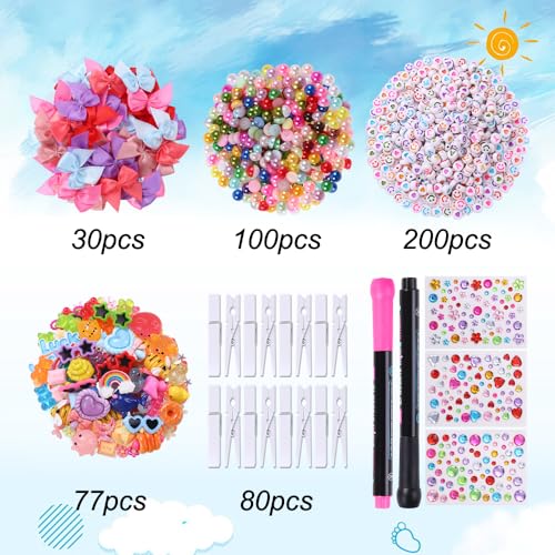 JOICEE 80 Set Cheer Pins Spirit Clips,Clothes pins Include 126 Mini Resin Animals Bows and Self Adhesive Stickers Pen 300 Beads Pearls for Backpacks Ribbon Team Classroom Cheer Gifts Bulk(White Wood) - color: White
