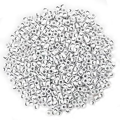 600PCS 6x6mm Square Acrylic Letter Beads L for Friendship Bracelets Jewelry Making, White Acrylic Cube Base with Black Alphabet Beads for DIY Crafts Bracelets Necklaces Key Chains Phone Lanyard - color: Letter L(Black on White)