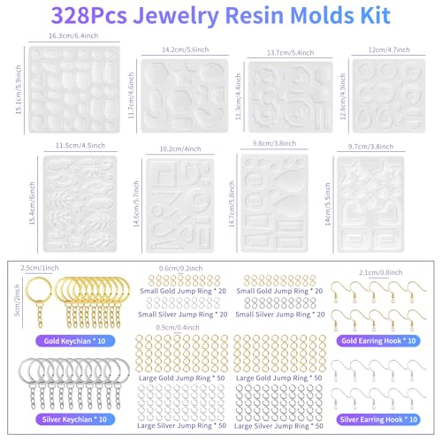 RESIN GO Epoxy Resin Earring Molds, 328 PCs UV Resin Jewelry Molds Kit with Holes, Variety Shapes Keychain Pendant Necklace Bundle Complete Set Clearance, Silicone Molds for Teen Female