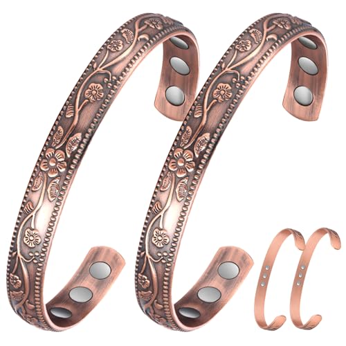 Jecanori 2Pcs Magnetic Copper Bracelets for Women, Vintage Flower 99.99% Pure Copper Bracelets with 3500 Gauss Magnets, Adjustable Cuff Jewelry with Gift Box - color: A-copper-11 Magnets