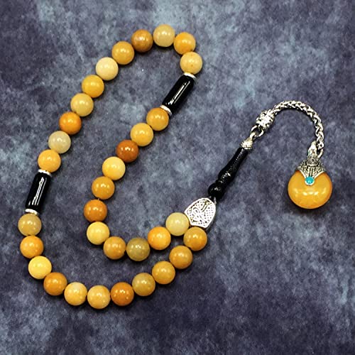 Simple Designed Natural Stone Worry Beads - Prayer Beads Tesbih-Tasbih-Tasbeeh-Misbaha-Subha-Sebha-Sibha-Rosary (Yellow Jade Natural Stone -8 mm 33- Beads/Drop Tassel) - color: Yellow Jade Natural Stone -8 mm 33- Beads / Drop Tassel