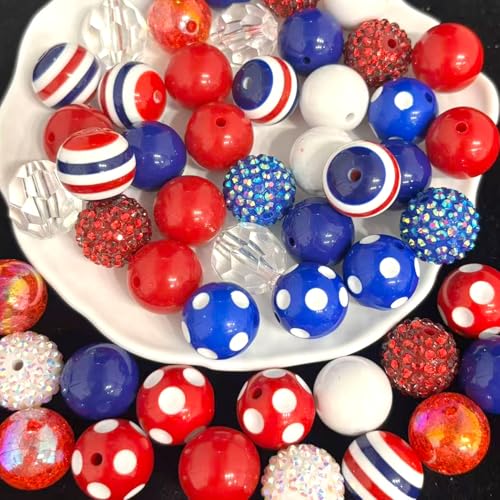 50PCS 20mm Bubblegum Beads，Multiple Styles Mixed Large Chunky Acrylic Beads for Jewelry Making，Round Chunky Bead for DIY Craft Pen Keychain Bracelets, Beadable Pen - color: colorful blue/white/red