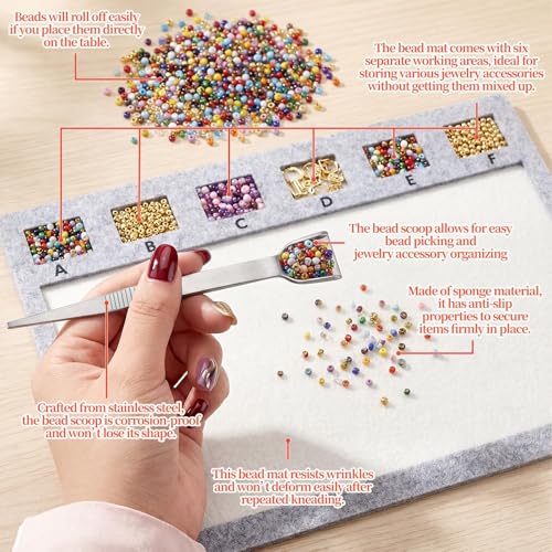 Asofelk Bead Mats for Jewelry Making 2Pcs, Grey Felt Beading Board with Scoop Tweezers, Non-Slip Fabric Bead Tray for Organizing Seed Beads & Jewelry Findings, Portable Jewelry DIY Crafting Tool Set