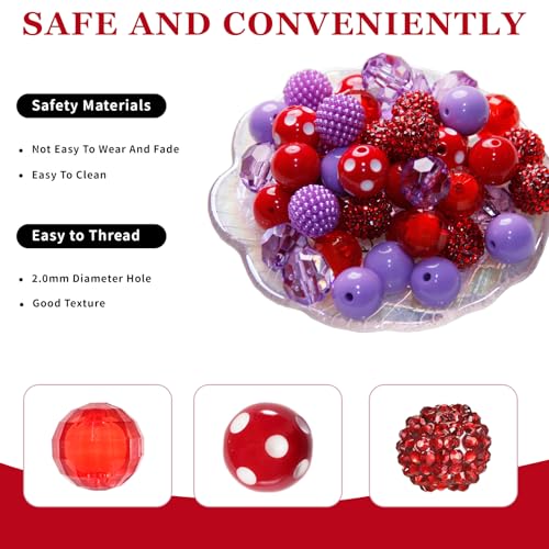 48 Pcs 20mm Beads for Pens Rhinestone Bubblegum Beads Mixed Crystal Acrylic Round Chunky Bead Sparkly Craft Large Balls Bead for Pen Beadable Keychain Bracelet Necklace DIY Jewelry Making Supplies - color: Red series