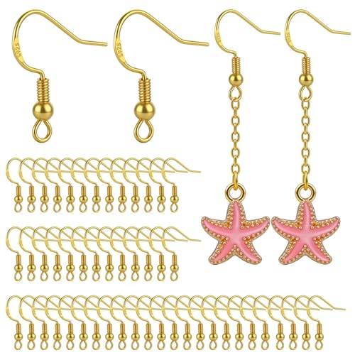 Sterling Silver Earring Hooks, 120 PCS 14K Gold Plated Fish Hook Earrings for Earring Making Supplies Kit, Jewelry Making Supplies for DIY Earrings Hypoallergenic Ear Wires Fish Hook - color: 14K Gold