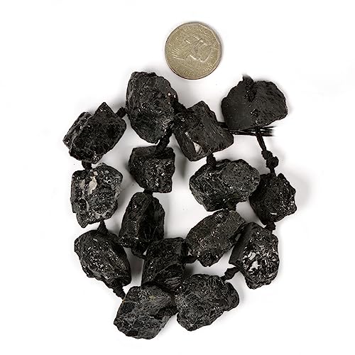 Black Tourmaline Gemstone Crystal Nugget Raw Graduated Beads Strand 2mm Hole Drilled - color: Black Tourmaline