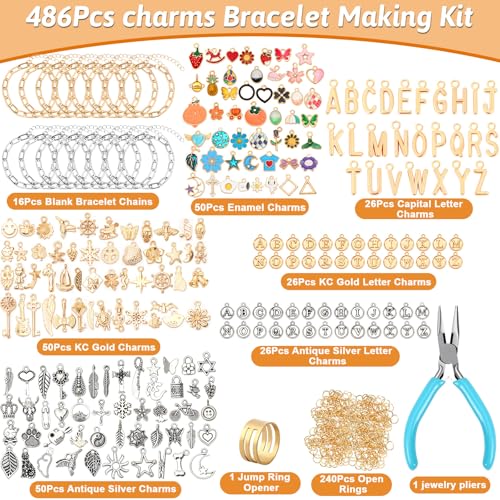 SANNIX 486Pcs Charm Bracelet Making Kit, Including 16 Bangles 228 Charms 240 Jump Rings and Pliers Tools for Crafts, Gold Silver Charm Chain for DIY Bracelet Making Supplies