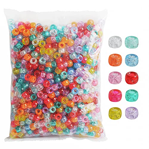 Simetufy 1200 pcs Pony Beads 6x9mm Glitter Clear Plastic Beads Transparent Beads with Sparkling Glitter Assorted 10 Colors for DIY Craft Jewelry Bracelets Making, Hair Braiding, Keychains Ornaments - color: Glitter