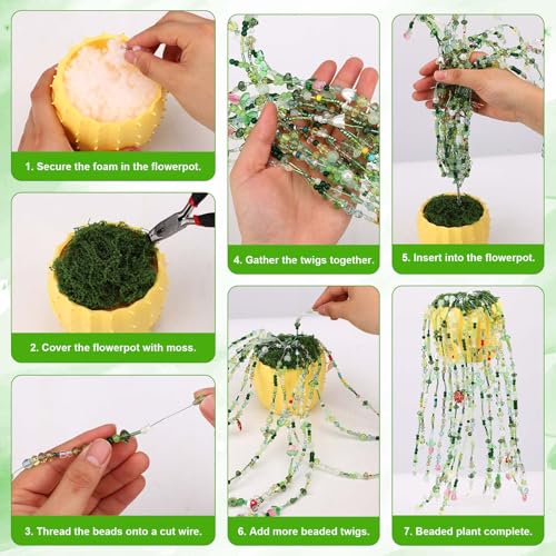 Sinbana 5422pcs Beaded Plant Kit, Green Glass Beads with Floral Wires Pliers Scissors & Artificial Moss DIY Forever Plant Craft Kit Leaf Flower Beads for Jewelry Making & Home Decor
