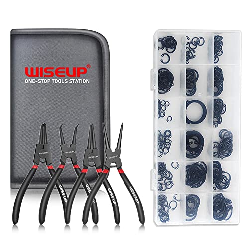 WISEUP Snap Ring Pliers Set With 225pcs Retaining Ring Set, 4PCS-7 inch Circlip Pliers Kit,Straight/Bent Jaw Pliers Tips C-Clip Pliers for Ring Remover with Storage Pouch - color: Circlip Pliers Set With Snap Rings, size: 7 inch