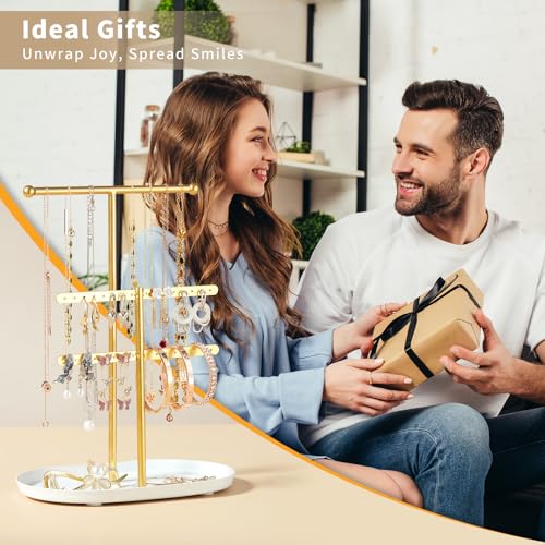 Saydear Elegant Jewelry holder Organizer 2-Tier Display Storage Stand for Earrings Necklaces with Ring Tray Spacious and Durable, Easy to Assemble White & Gold - color: White & Gold