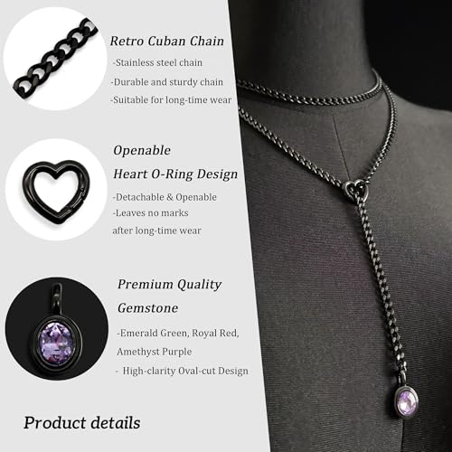 Heart Slip Chain Necklace for Women, 39 Inch Cuban Chain, Removable Heart O-Ring, Crystal Pendant, Adjustable Stainless Steel Y-Necklace - color: Black-Purple