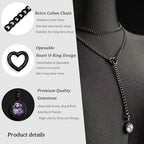 Heart Slip Chain Necklace for Women, 39 Inch Cuban Chain, Removable Heart O-Ring, Crystal Pendant, Adjustable Stainless Steel Y-Necklace - color: Black-Purple