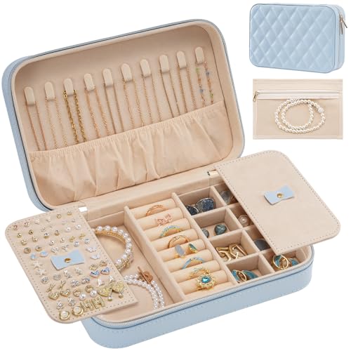 Lolalet Travel Jewelry Case for Women Girls, Travel Jewelry Organizer Box with Mirror & Clear Storage Bag, Small Portable Earring Necklace Bracelet Ring Case, Birthday Valentine Gifts -Medium, Blue - color: Blue, size: Medium (8.46"W*5.71"D*2.17"H)