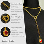 Heart Slip Chain Necklace for Women, 39 Inch Cuban Chain, Removable Heart O-Ring, Crystal Pendant, Adjustable Stainless Steel Y-Necklace - color: Gold-Red