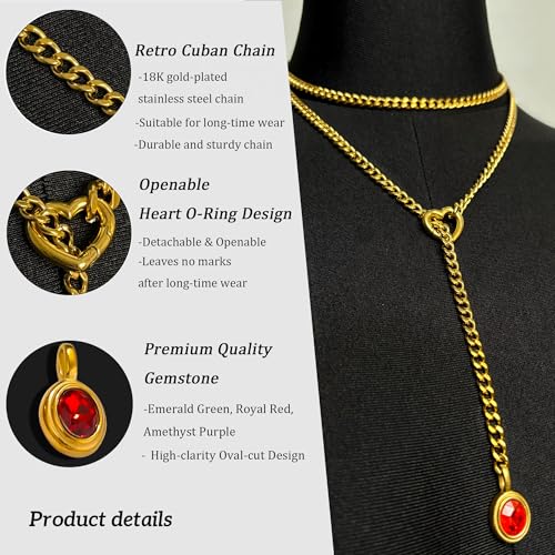 Heart Slip Chain Necklace for Women, 39 Inch Cuban Chain, Removable Heart O-Ring, Crystal Pendant, Adjustable Stainless Steel Y-Necklace - color: Gold-Red