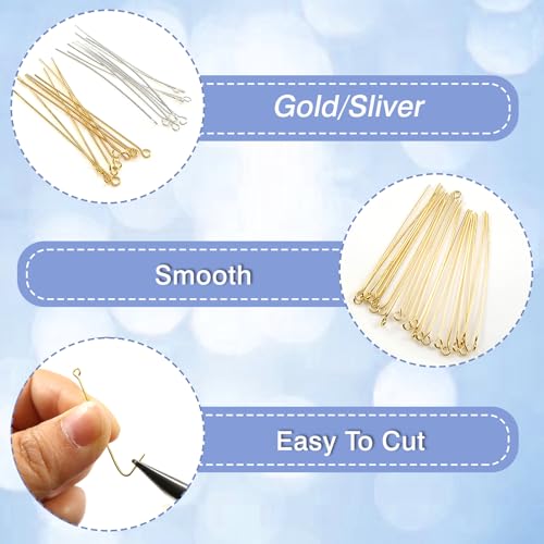 TOAOB 200pcs Eye Pins 2 Inch Brass Findings Gold Silver Open Head Pins for DIY Crafts Necklaces Bracelets Earrings Jewelry Making - size: 50mm